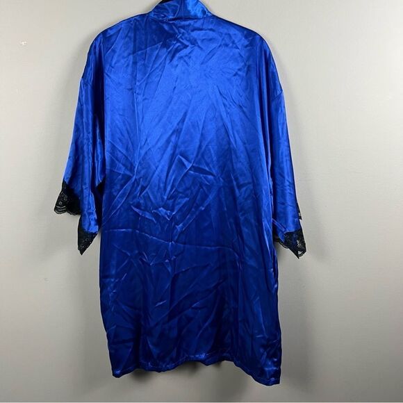 Fredericks of Hollywood cobalt blue black lace trim satin robe - Picture 4 of 5